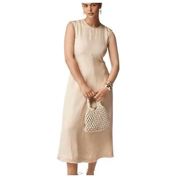 J.CREW Dresses & Skirts - J. Crew Fringe Trim Dress Glossy Twill Cream Gold Womens 2 Midi Sheath Flare